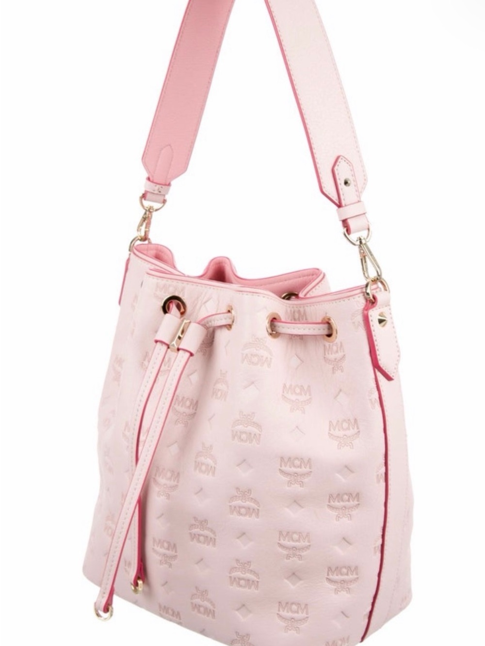 MCM Light Pink Embossed Drawstring Shoulder Bucket Bag - Picture 2 of 11